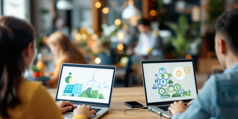 Webinar sobre eficiencia energética y energías renovables con íconos de energía solar y eólica.