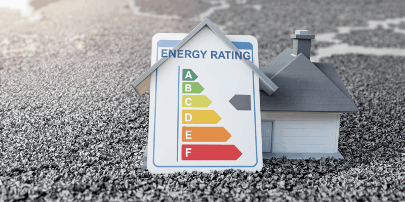 Imagen hiperealista de una casa con una etiqueta de eficiencia energética que muestra las letras A, B, C, D, E y F en orden.