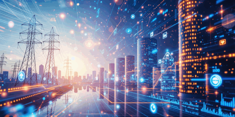 Imagen futurista que ilustra la digitalización y la IA en el sector energético con redes eléctricas y edificios sostenibles.