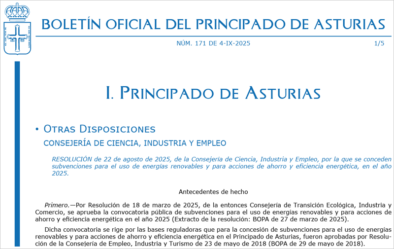 Asturias concede ayudas a más de 60 proyectos que promueven el ahorro y la eficiencia energética