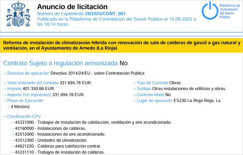 La reforma de la instalación de climatización del Ayuntamiento de Arnedo sale a licitación