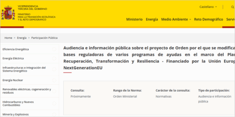 Audiencia pública para modificar las bases de varios programas de ayudas energéticas del PRTR