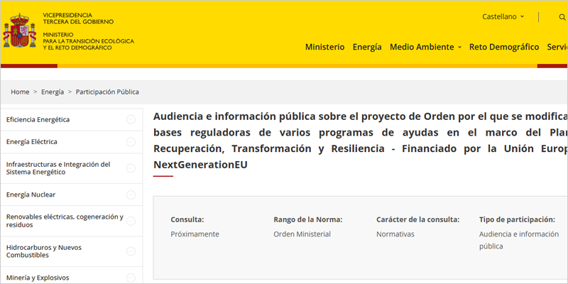 Audiencia pública para modificar las bases de varios programas de ayudas energéticas del PRTR