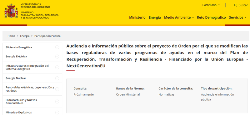 Audiencia pública para modificar las bases de varios programas de ayudas energéticas del PRTR