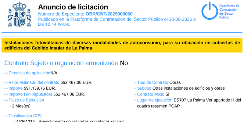 Abierta la licitación para la instalación de sistemas fotovoltaicos en edificios públicos del Cabildo Insular de La Palma