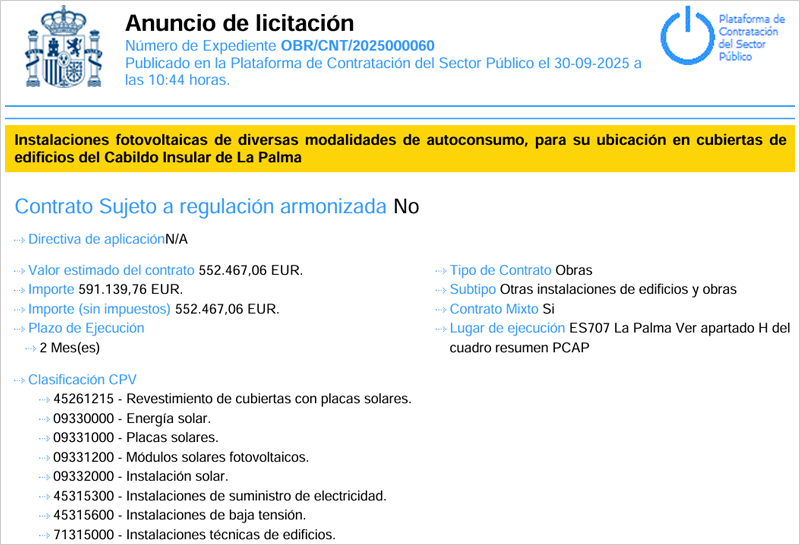 Abierta la licitación para la instalación de sistemas fotovoltaicos en edificios públicos del Cabildo Insular de La Palma