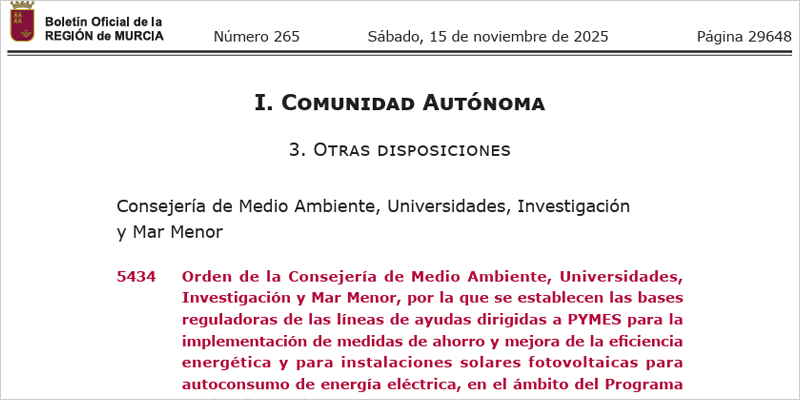 Ayudas para el ahorro energético y el autoconsumo dirigidas a pymes industriales y del sector servicios murcianas