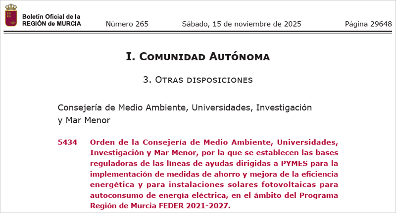 Ayudas para el ahorro energético y el autoconsumo dirigidas a pymes industriales y del sector servicios murcianas
