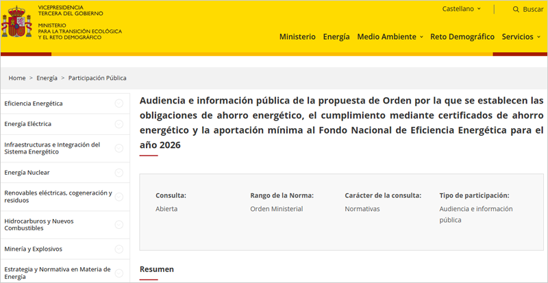 El establecimiento de las obligaciones de ahorro energético para 2026 se somete a audiencia pública