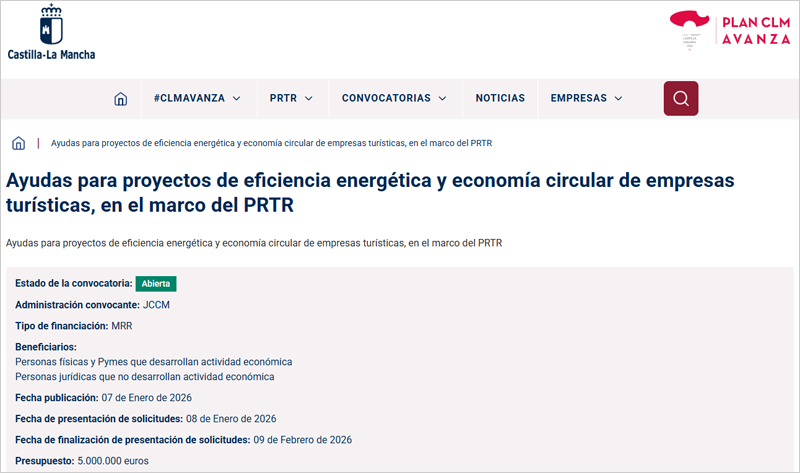 Convocatoria para que las empresas turísticas de Castilla-La Mancha mejoren su eficiencia energética