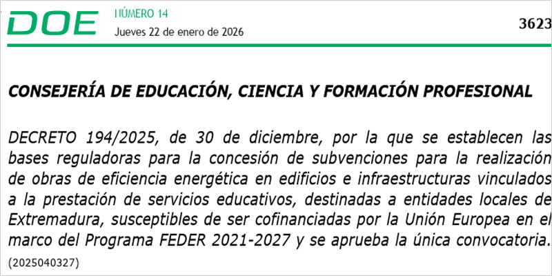 Más de 20 millones para obras de eficiencia energética en edificios e infraestructuras educativas extremeñas