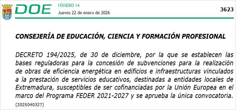 Más de 20 millones para obras de eficiencia energética en edificios e infraestructuras educativas extremeñas
