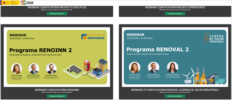 Las personas interesadas en inscribirse en estos webinars pueden hacerlo a través de la web del IDAE.