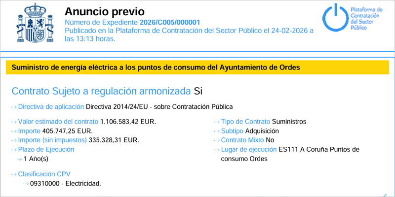Licitación abierta para el suministro eléctrico del alumbrado público e instalaciones municipales de Ordes