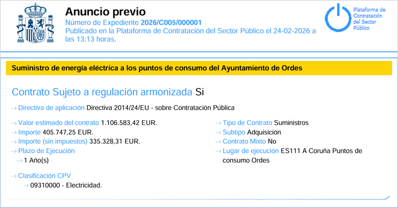 Licitación abierta para el suministro eléctrico del alumbrado público e instalaciones municipales de Ordes