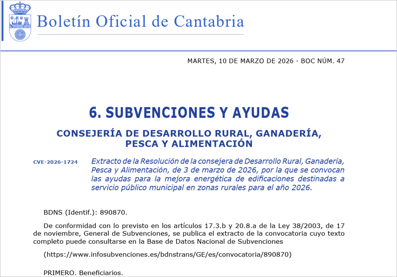 El Gobierno de Cantabria convoca ayudas para mejorar la eficiencia energética de edificios públicos rurales