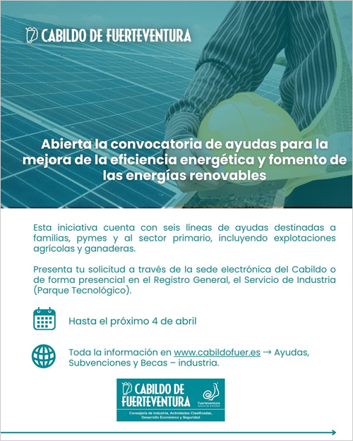 Abierta la convocatoria de ayudas para mejorar la eficiencia energética y fomentar las renovables en Fuerteventura