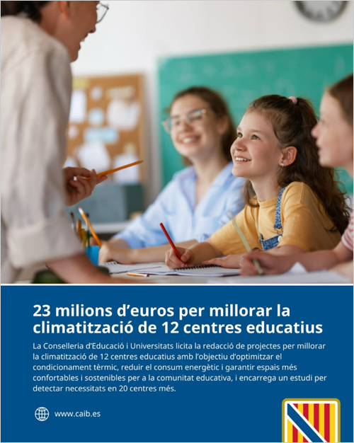 La redacción de proyectos para mejorar la climatización de centros educativos de Baleares sale a licitación