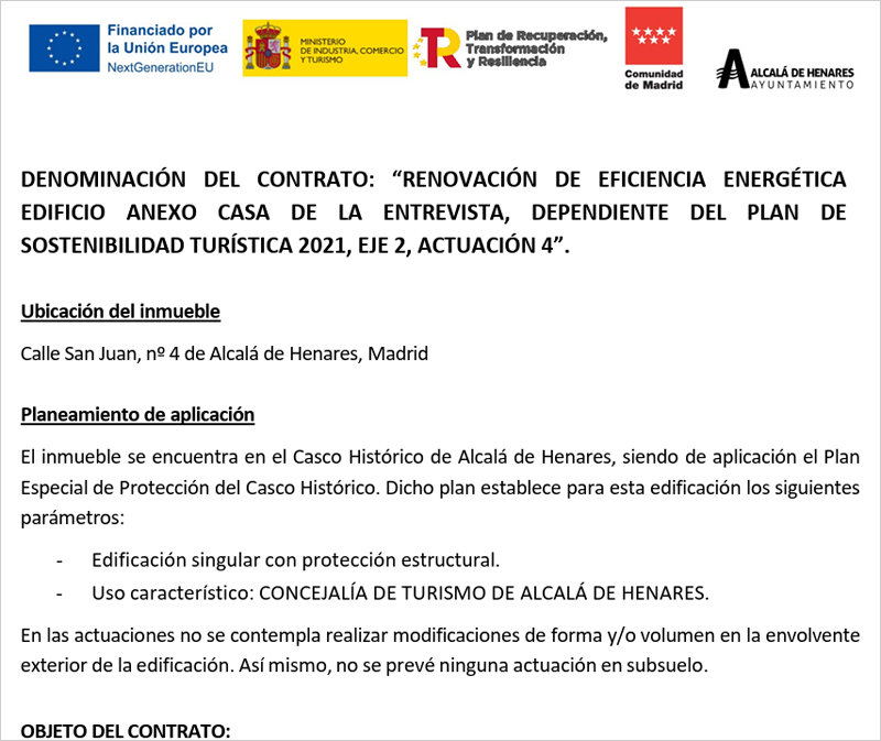 La mejora de la eficiencia energética del edificio de la Concejalía de Turismo de Alcalá de Henares se licita