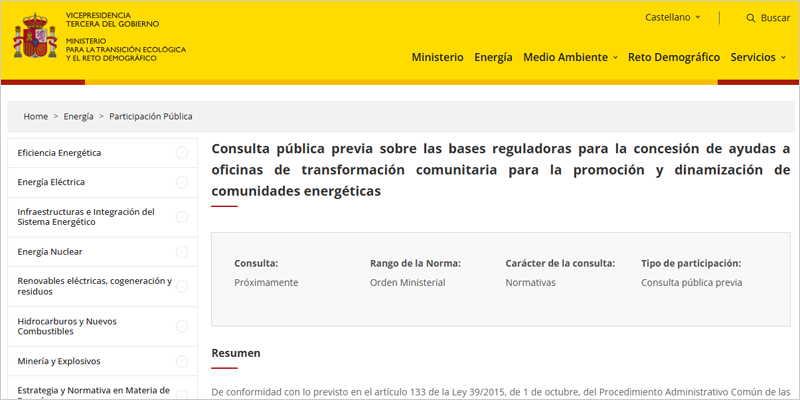 Las bases de ayudas a OTC para promover comunidades energéticas se abren a consulta pública