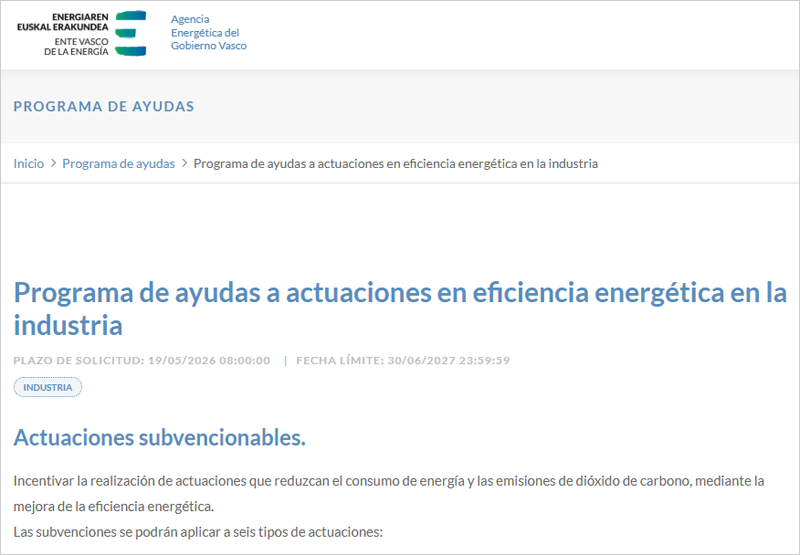 Nuevo programa de ayudas para impulsar la eficiencia energética en el sector industrial de Euskadi