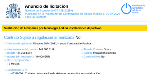 Abierta la licitación para sustituir luminarias por LED en instalaciones deportivas de Vilagarcía