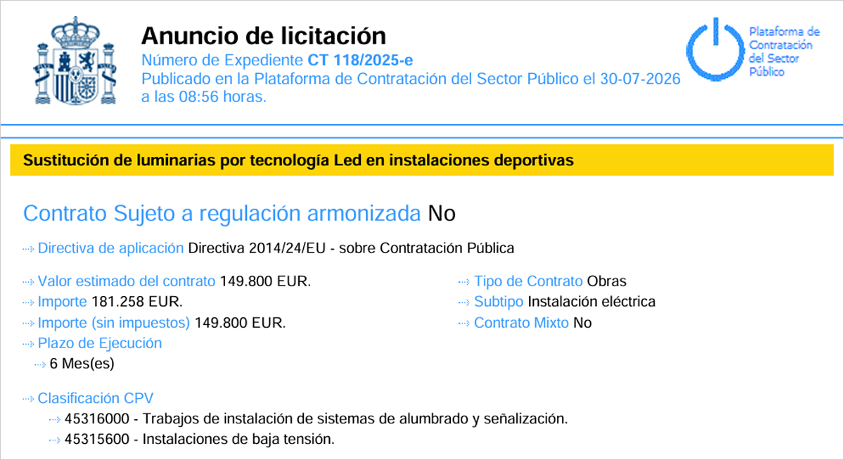 Licitación para sustituir luminarias por tecnología LED en seis instalaciones deportivas de Vilagarcía