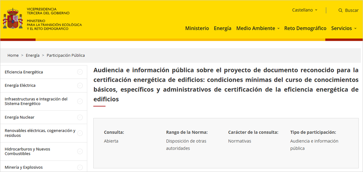 El documento que establecerá la formación mínima en certificación energética está abierto a audiencia pública