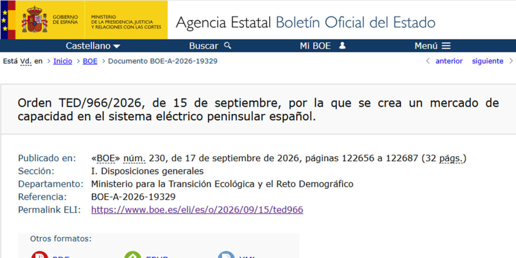 El BOE publica la orden que crea el nuevo mercado de capacidad del sistema eléctrico español