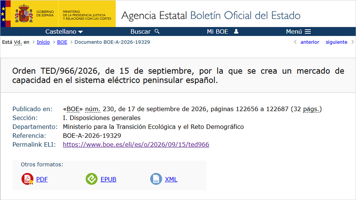 El BOE publica la orden que crea el nuevo mercado de capacidad del sistema eléctrico español