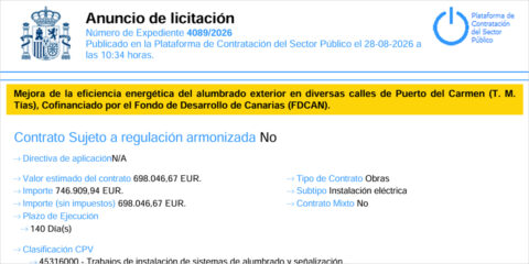 La mejora energética del alumbrado público en calles de Puerto del Carmen en Tías sale a licitación