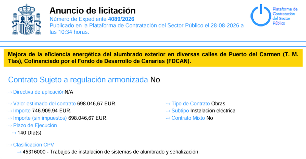 La mejora energética del alumbrado público en calles de Puerto del Carmen en Tías sale a licitación
