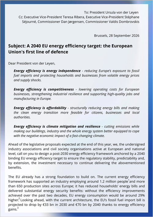 Más de 90 organizaciones reclaman un objetivo vinculante de eficiencia energética de la UE para 2040