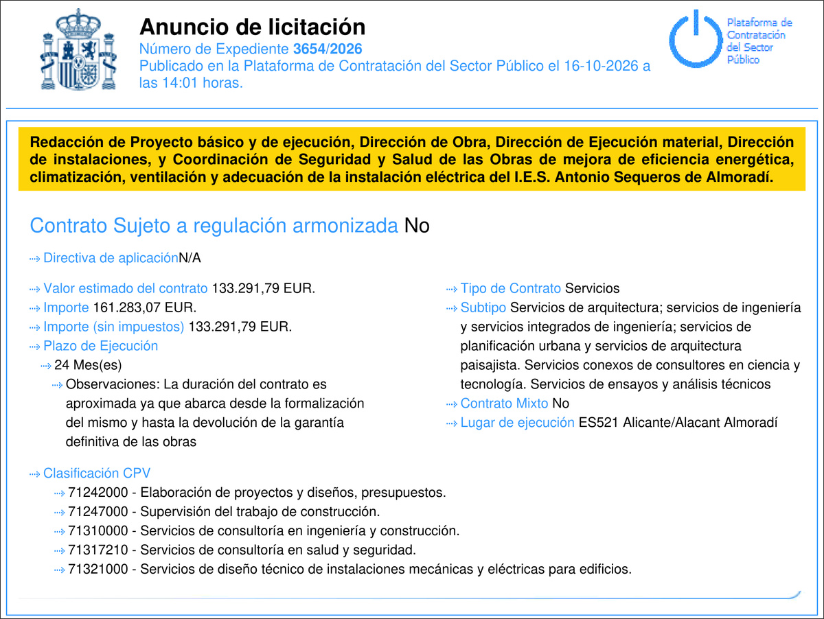 Anuncio de licitación del expediente 3654/2026 para el proyecto y la dirección de la rehabilitación energética del IES Antonio Sequeros de Almoradí.