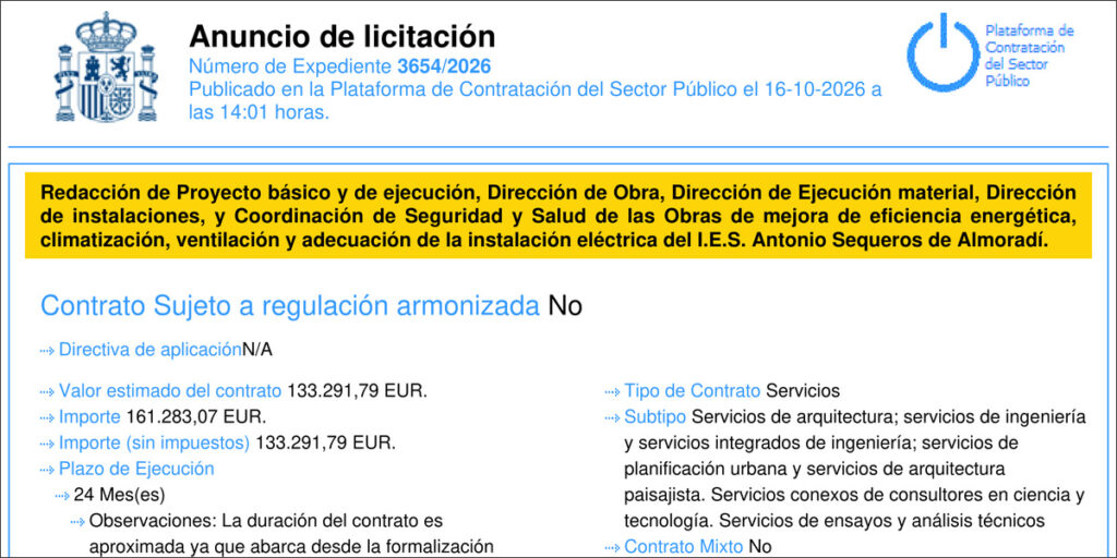 Cabecera del anuncio de licitación 3654/2026 sobre el proyecto y la dirección de la rehabilitación energética del IES Antonio Sequeros de Almoradí.