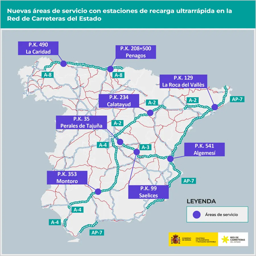 Autorizada la licitación de ocho áreas de servicio con estaciones de recarga ultrarrápida para vehículos eléctricos