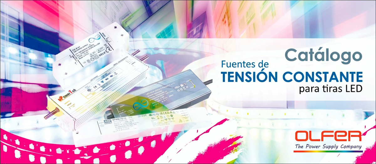 Portada del catálogo de Electrónica OLFER de fuentes de tensión constante para tiras LED.