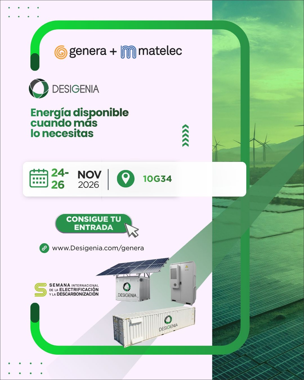 Cartel de Desigenia en GENERA 2026 con las fechas del 24 al 26 de noviembre y el stand 10G34.
