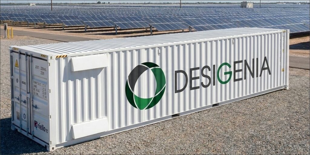 Contenedor de Desigenia para almacenamiento BESS junto a una instalación solar fotovoltaica.