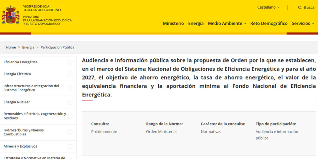 El establecimiento de las obligaciones de ahorro energético para 2027 sale a audiencia pública