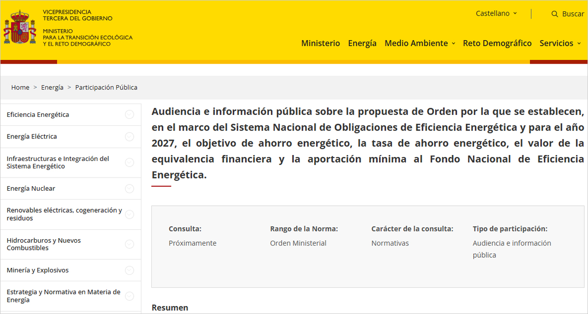 El establecimiento de las obligaciones de ahorro energético para 2027 sale a audiencia pública