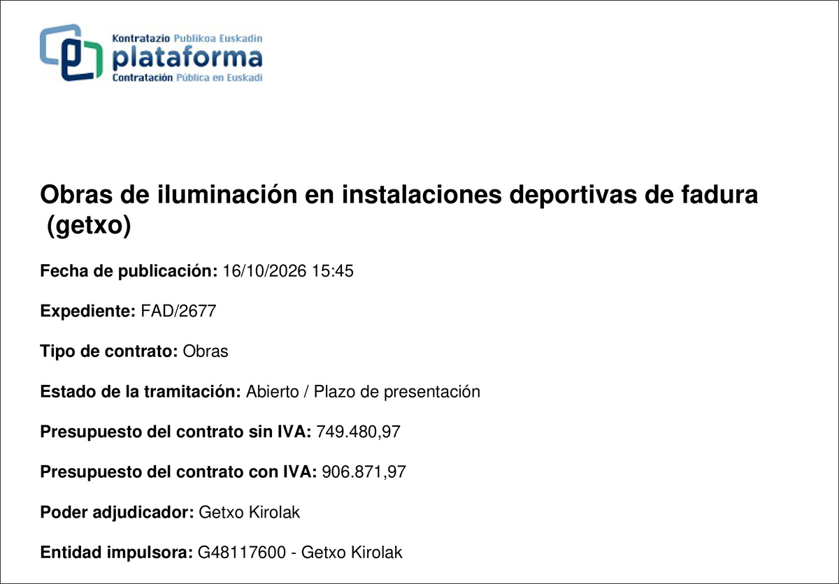 Primera página del anuncio de licitación de las obras de iluminación de Fadura, expediente FAD/2677.