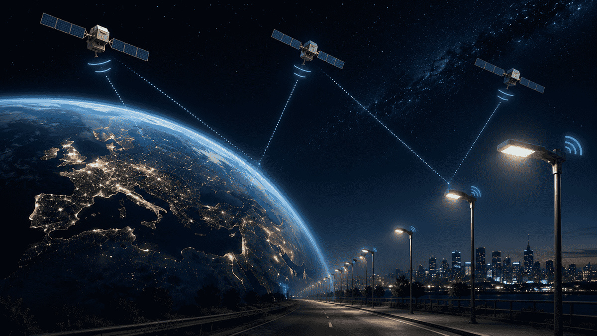 Ilustración de satélites GPS y alumbrado exterior conectados para sincronizar la hora de una red Casambi