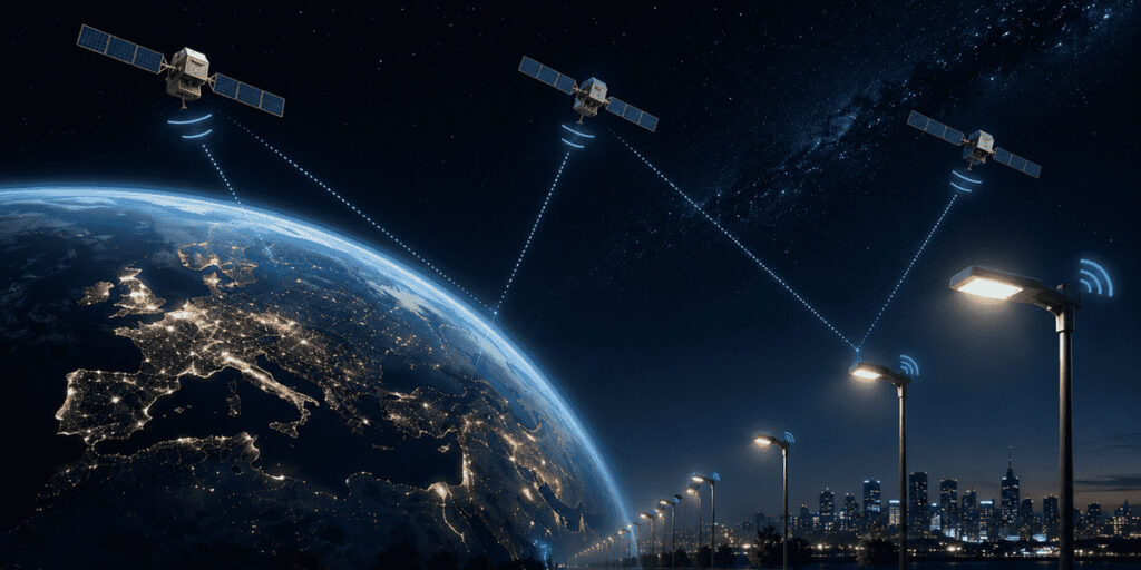 Ilustración de satélites GPS y alumbrado exterior conectados para sincronizar la hora de una red Casambi