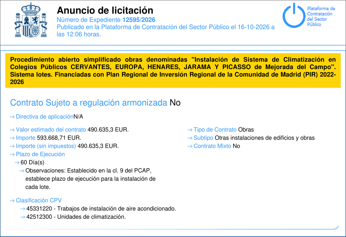 Anuncio de licitación del expediente 12595/2026 para instalar climatización en cinco colegios públicos de Mejorada del Campo.