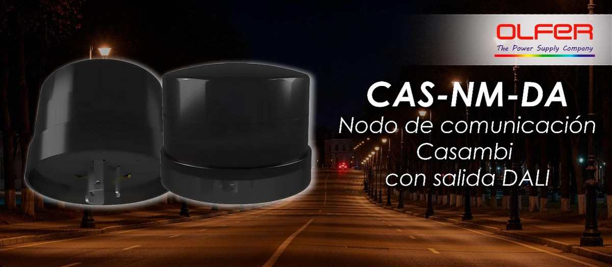 Nodo CAS-NM-DA de Electrónica OLFER para el control de luminarias exteriores DALI mediante red Casambi Bluetooth.