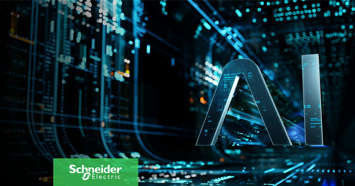 Representación de inteligencia artificial con las letras AI sobre un fondo digital y el logotipo de Schneider Electric.